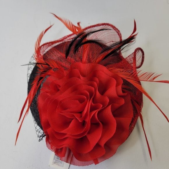 Red and Black Fascinator on Oval Base Sinamay Floral Accent with Feathers - Picture 14 of 16